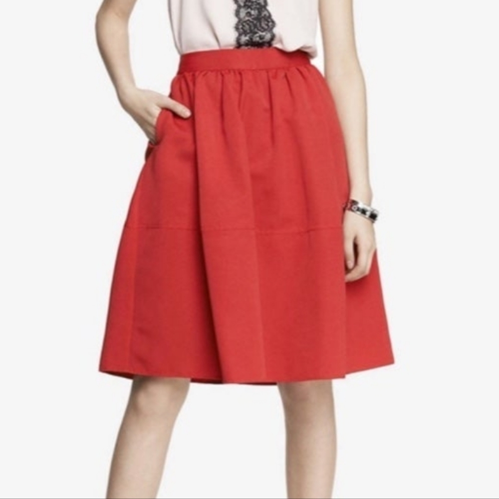 Red flare express midi skirt with pockets
